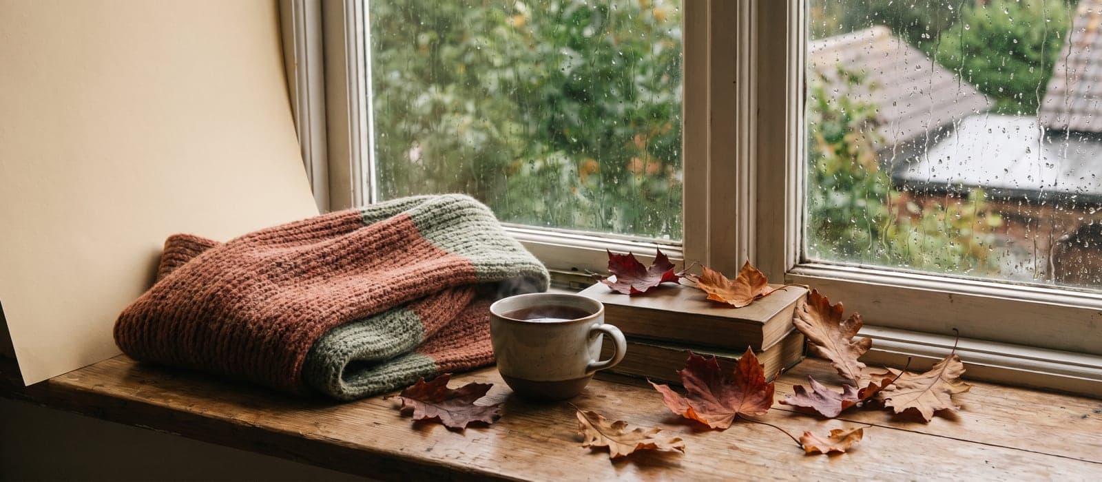 Dried autumn leaves, a wool scarf, and tea on a rainy windowsill