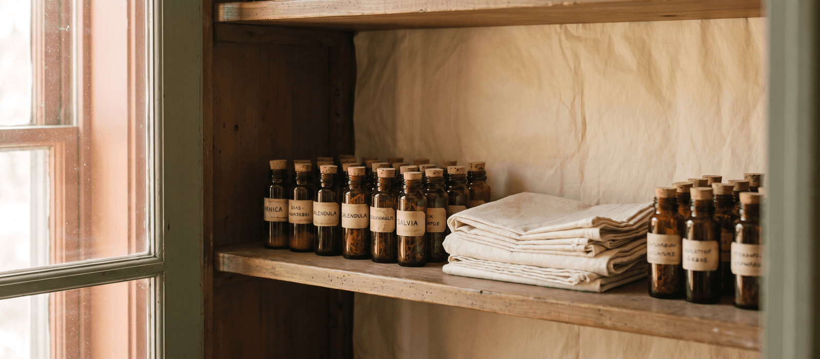 Cupboard shelf with rows of small labeled vials and folded cloth