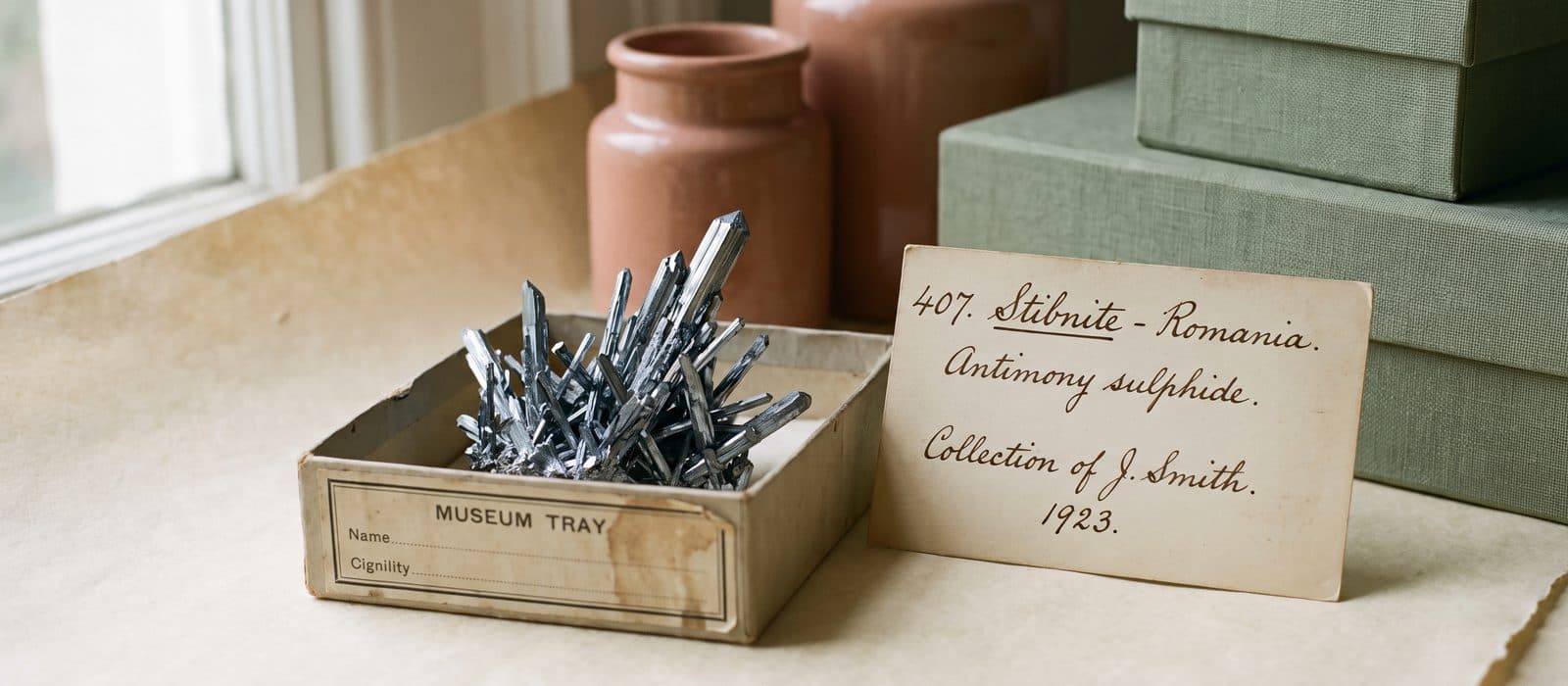 Grey metallic stibnite crystal blades in a specimen tray