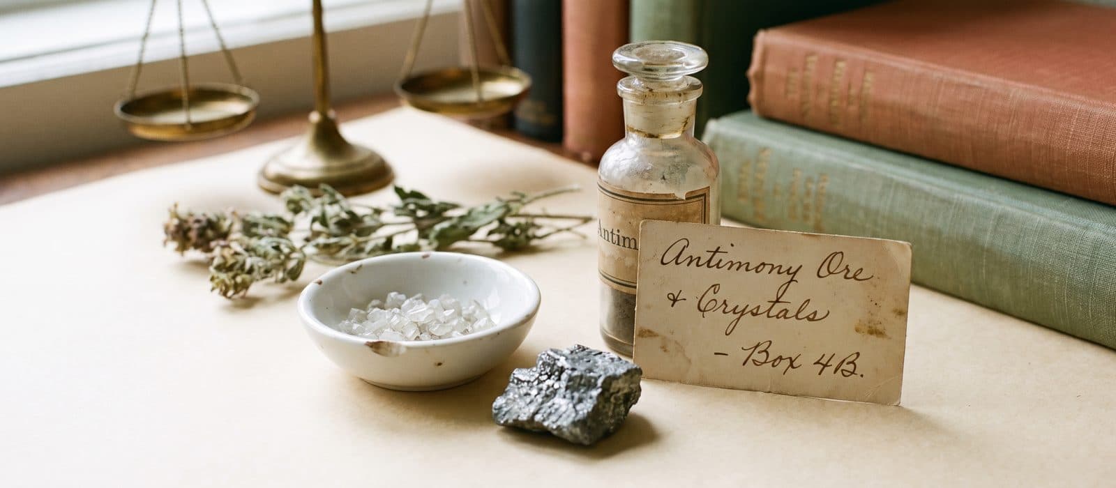 Colourless tartar emetic crystals in an antique porcelain dish