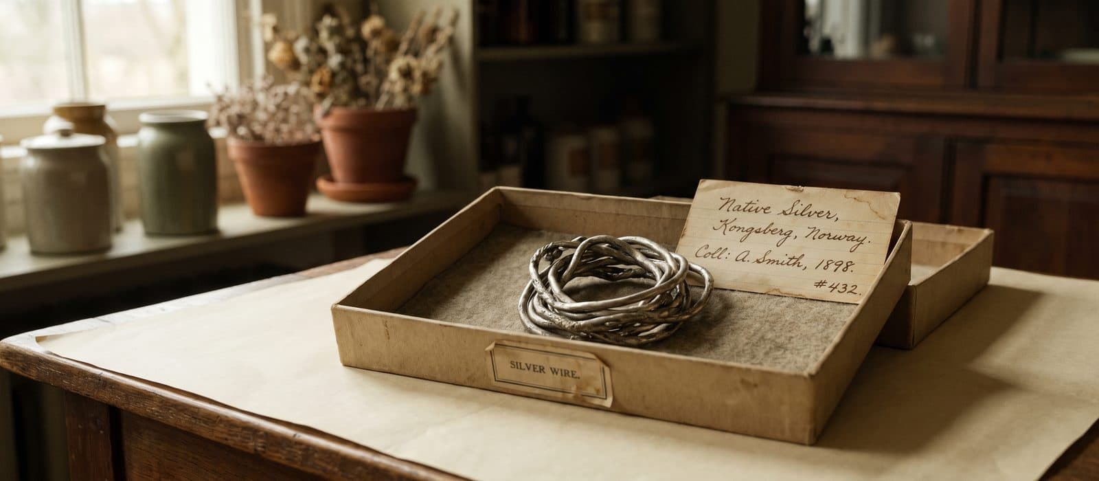 Native silver wire specimen in a labelled tray