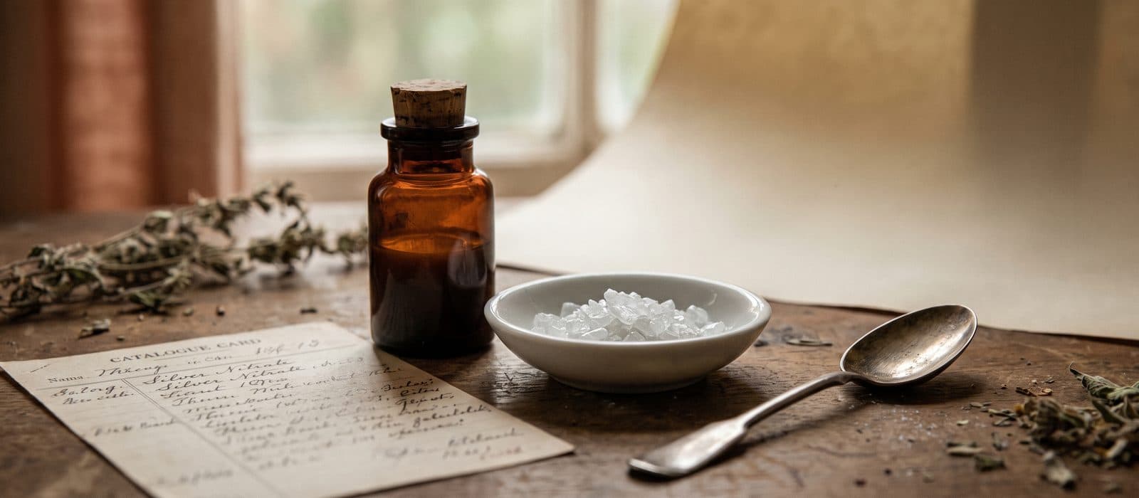 Antique silvered glass bottle and white crystals in a porcelain dish