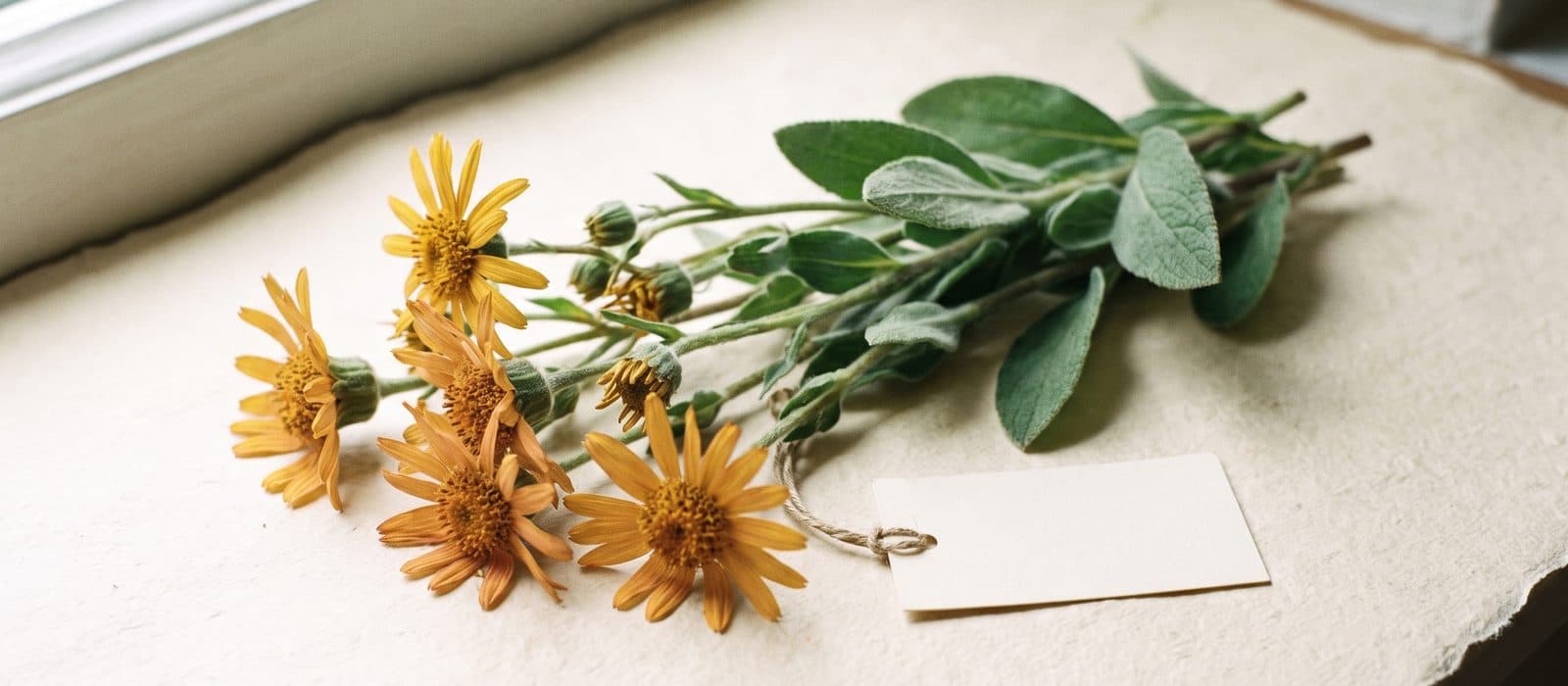 Fresh Arnica montana flowers with ragged yellow petals and basal leaves laid on cream paper