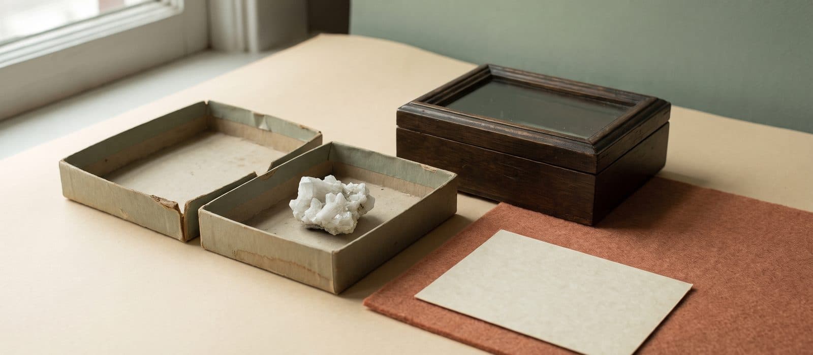 White crystalline mineral specimen in a labelled museum tray
