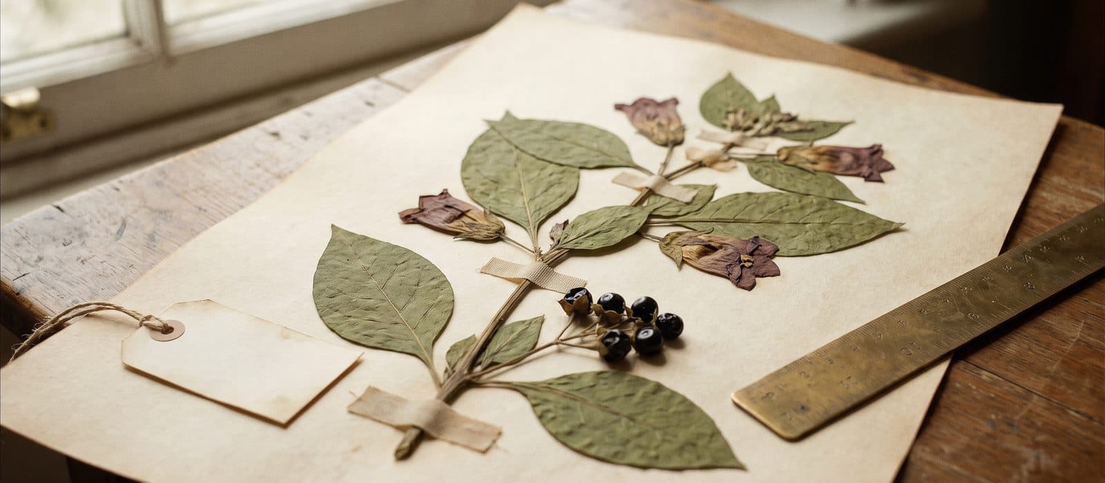 Pressed herbarium specimen of deadly nightshade with purple bell flowers and dark berries