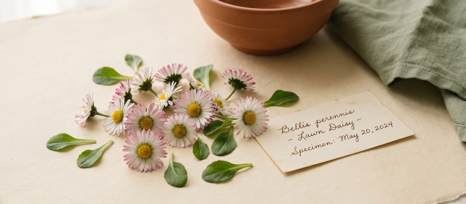 Small common daisies scattered on cream paper