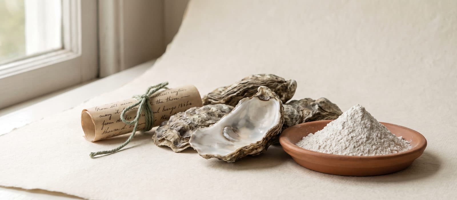Oyster shells with pearly interiors on cream paper
