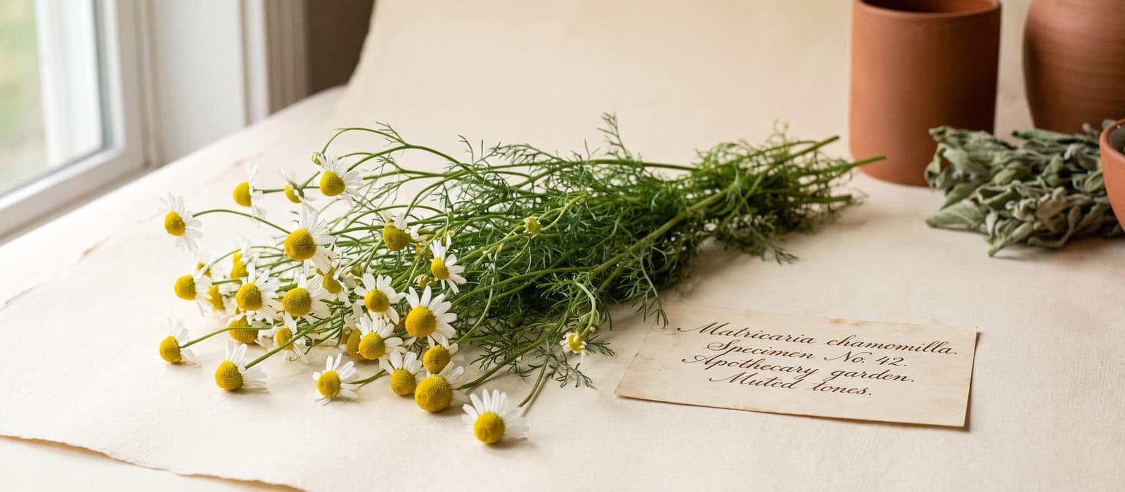 German chamomile flowers with white petals and yellow domes on cream paper