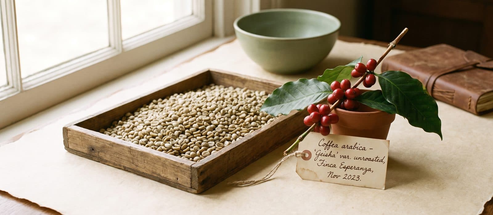 Unroasted green coffee beans in a tray beside a coffee branch with red cherries