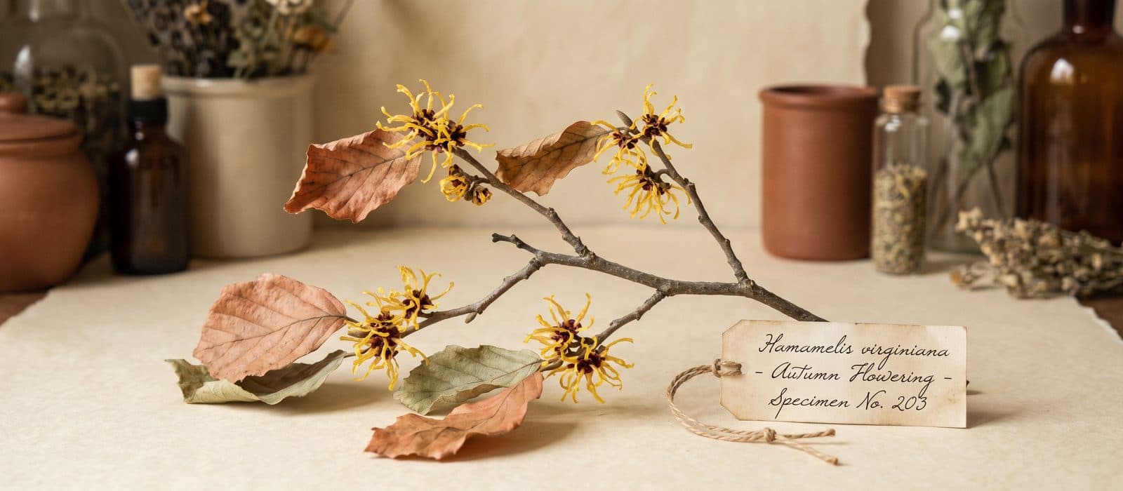 Witch hazel branch with spidery yellow ribbon flowers on cream paper
