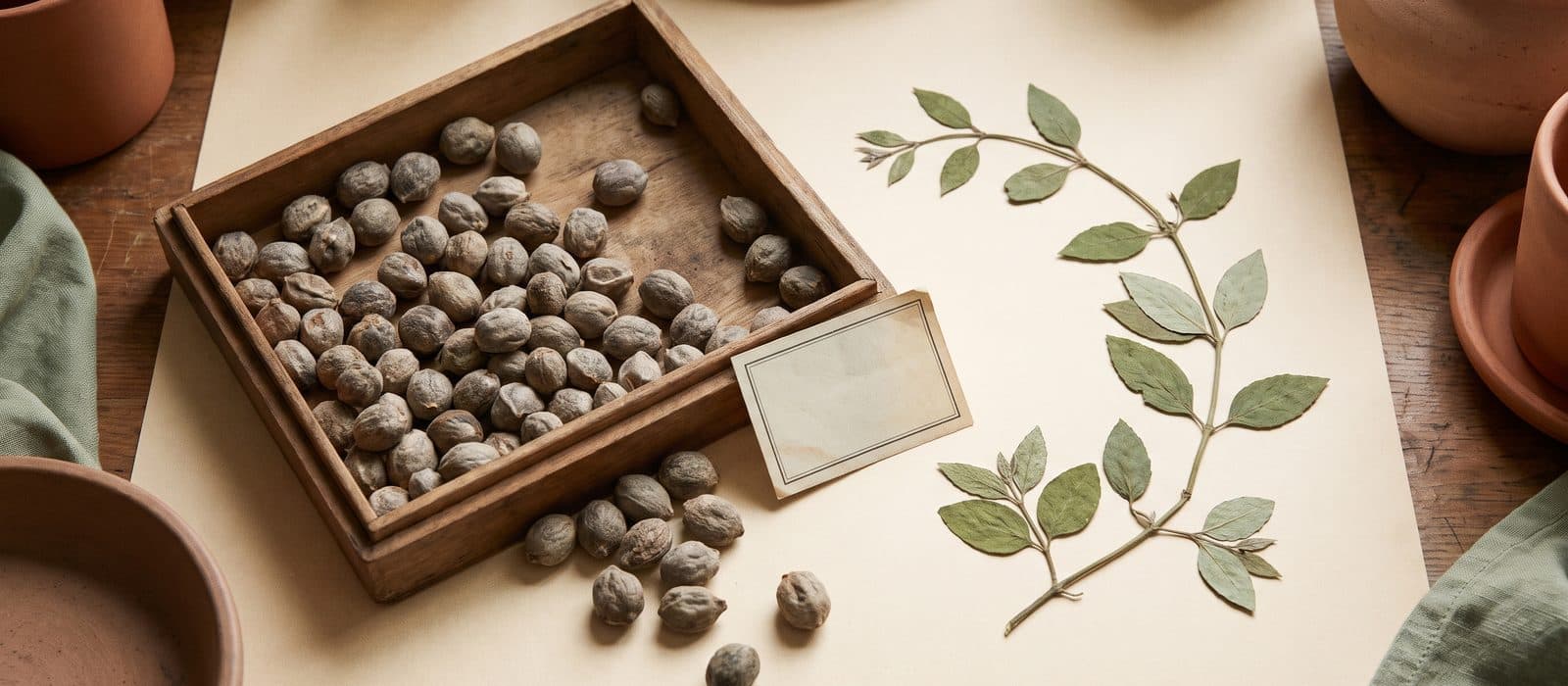 Hard, angular St Ignatius beans in a specimen tray beside a botanical drawing
