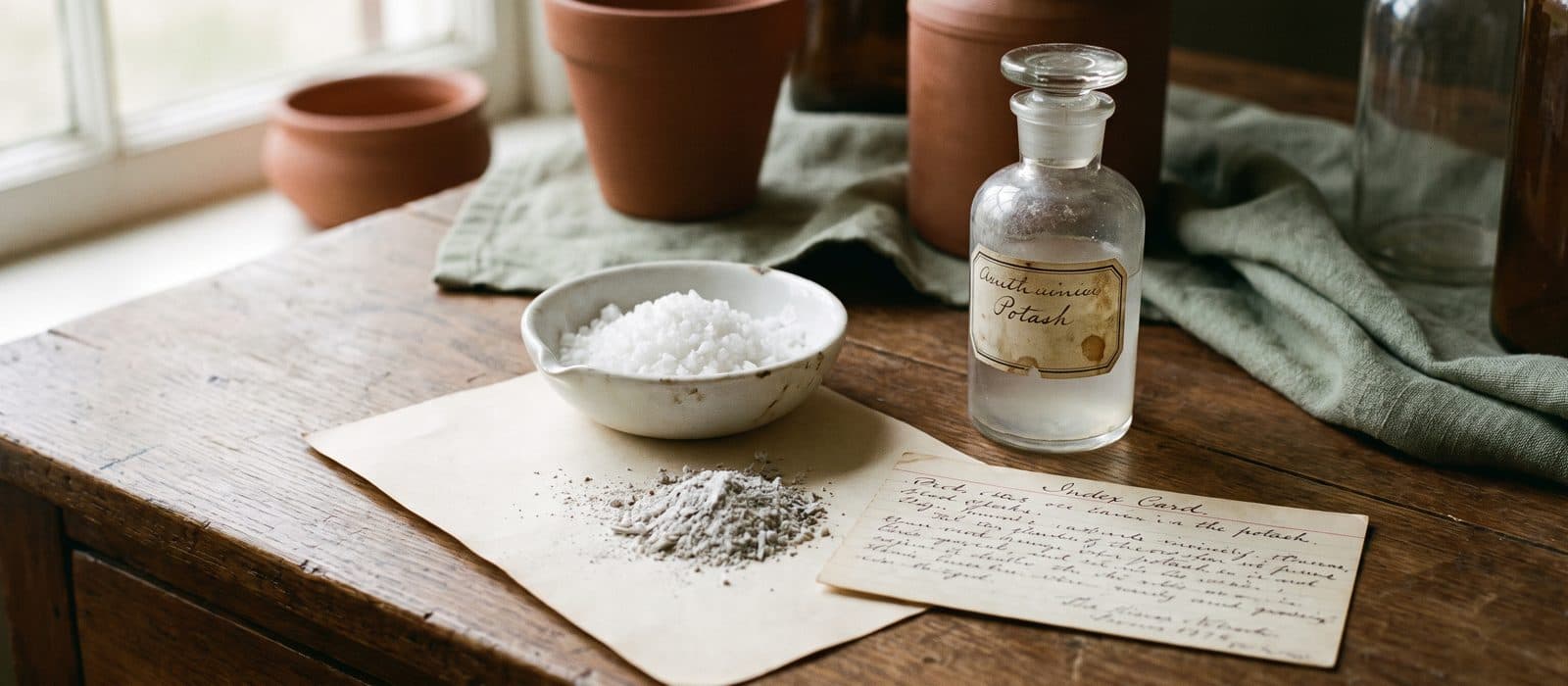 White potassium carbonate crystals in an antique chemist's dish beside wood ash