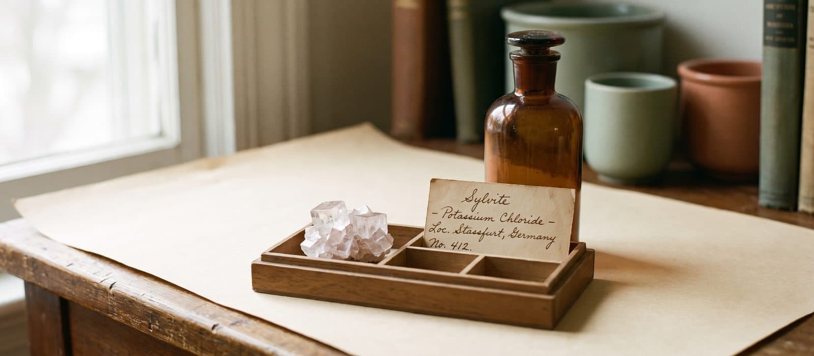 Colourless sylvite crystals in an antique chemist's dish