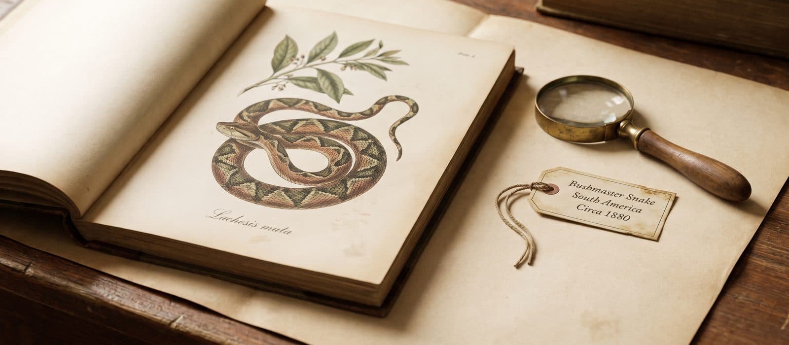 Natural-history engraving of a bushmaster snake beside a specimen label and brass hand lens