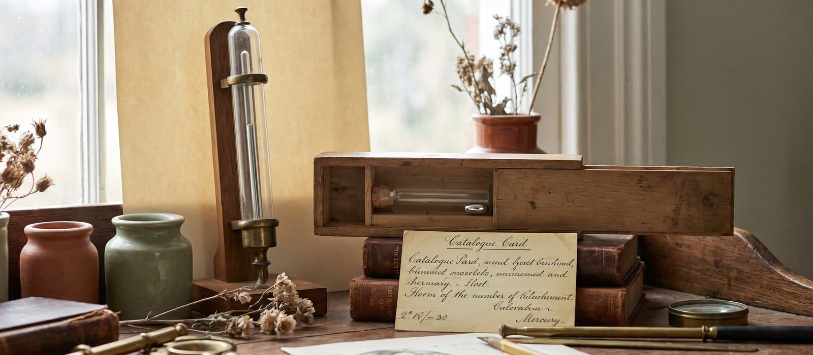 Antique glass thermometer and a vial with a bead of mercury in a specimen box