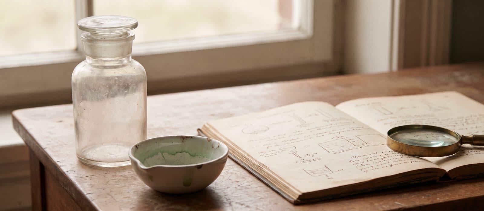 Antique glass-stoppered reagent bottle and a handwritten chemistry notebook