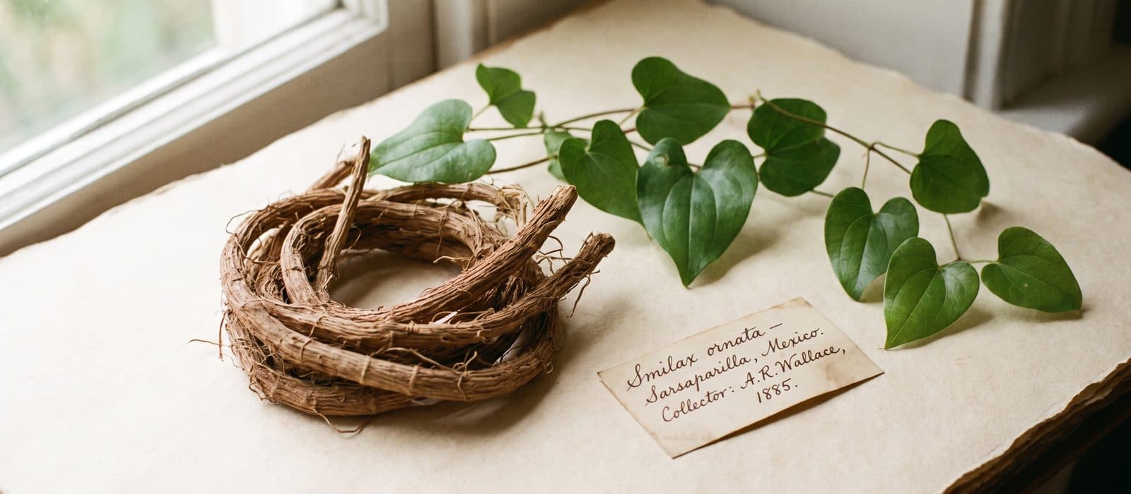 Long sarsaparilla roots beside a vine with heart-shaped leaves