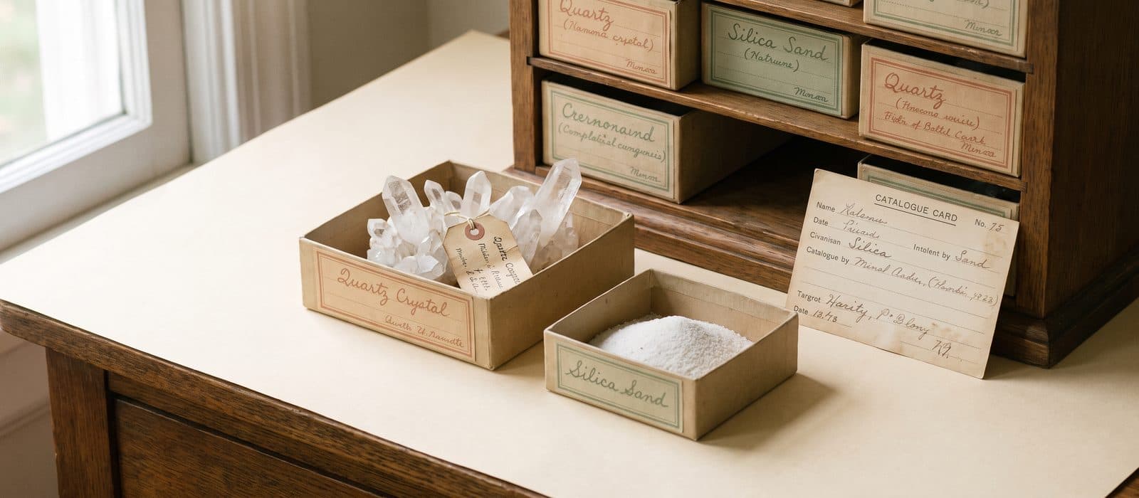 Clear quartz crystal points in a labelled specimen tray