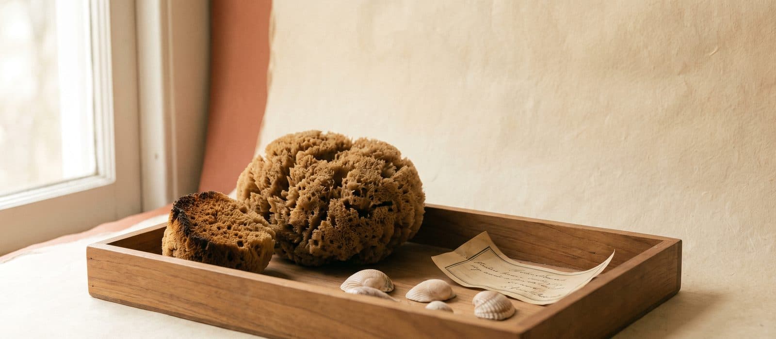 Natural sea sponge beside seashells on cream paper