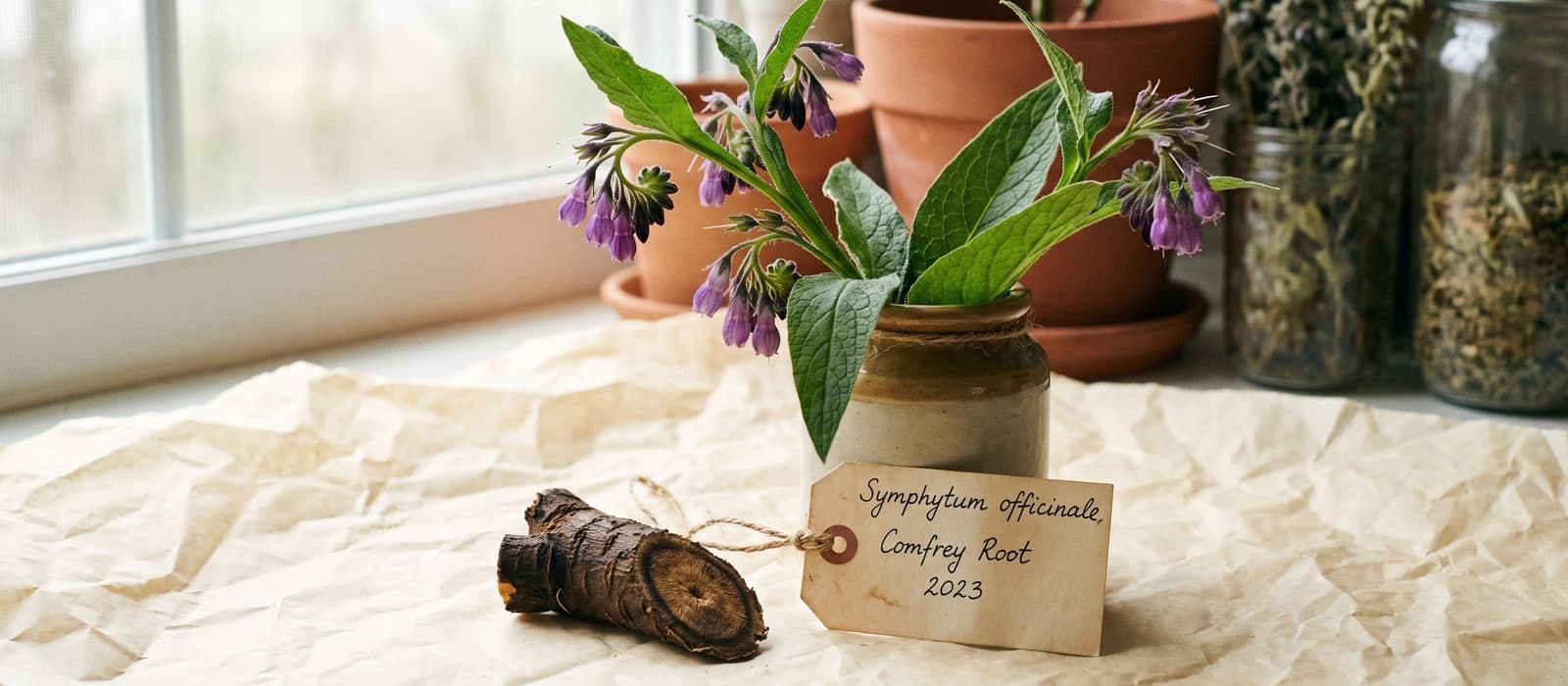 Comfrey with hanging purple bell flowers and broad hairy leaves