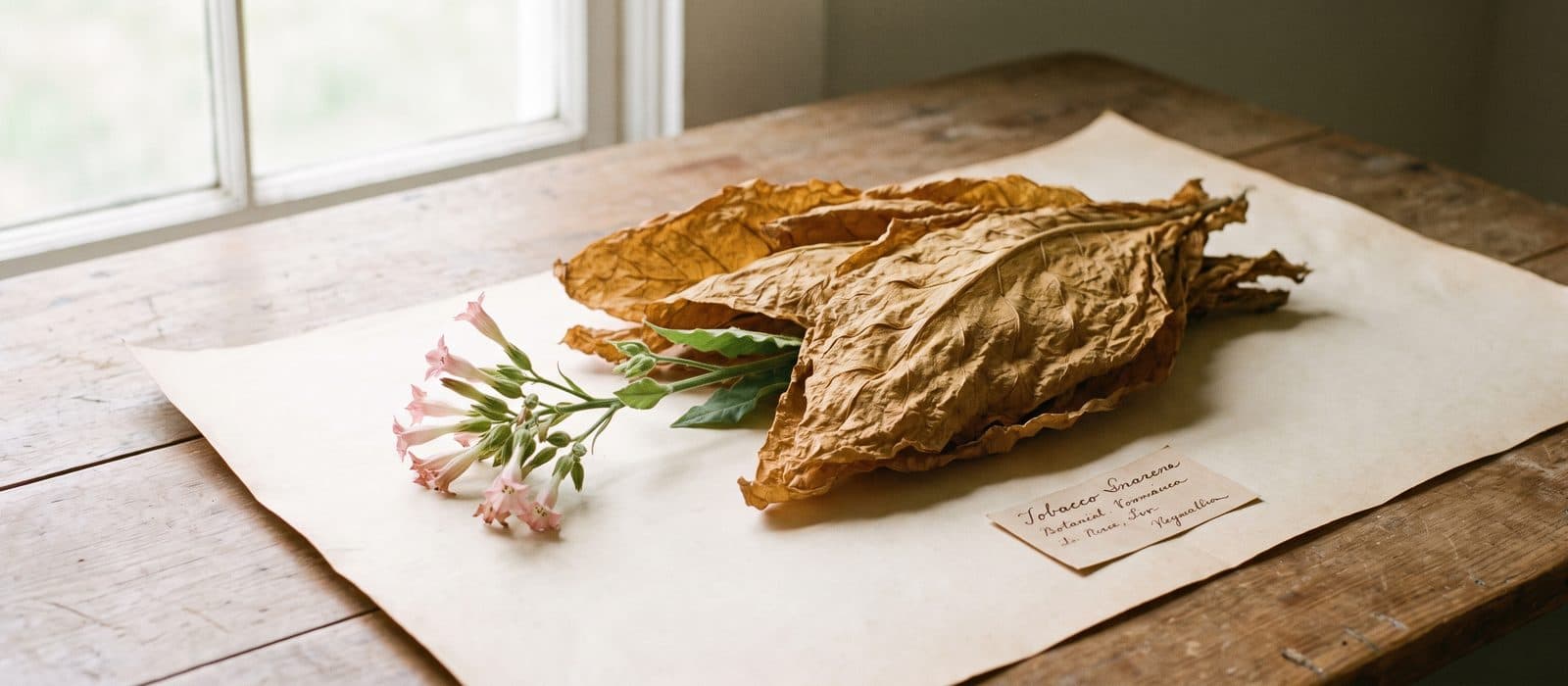 Dried tobacco leaves and a pink tobacco flower on cream paper