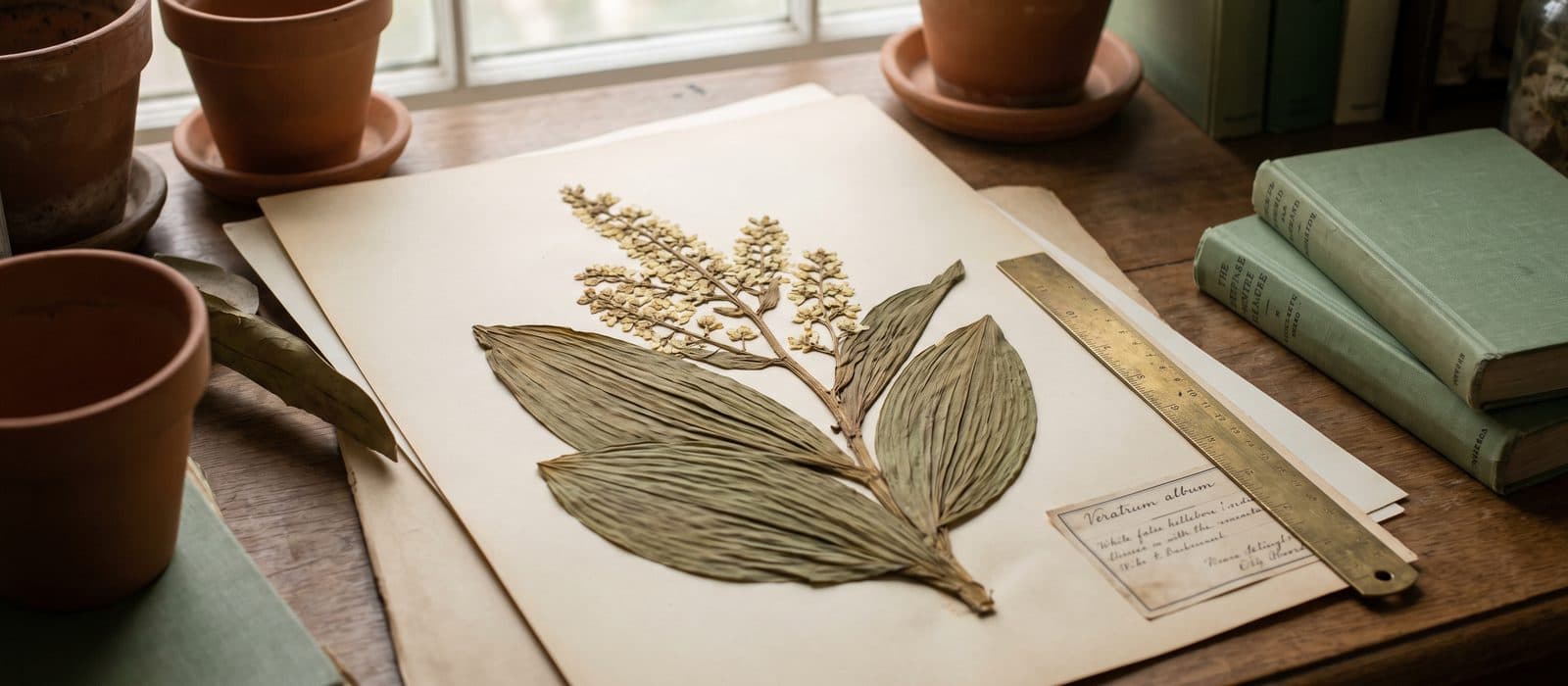 Pressed white hellebore with pleated leaves and greenish flower spike